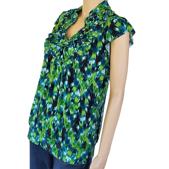 Heart Soul Blouse Top Women's Large Blue Green Ruffle Knit Stretch Cap Sleeves - Picture 3 of 13